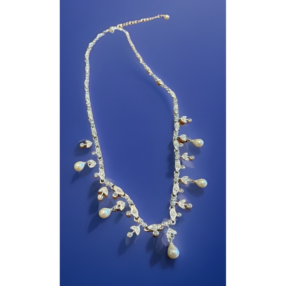 Crystal Rhinestone & Faux Pearl Drop Necklace Silver Tone Wedding Bridal Formal
